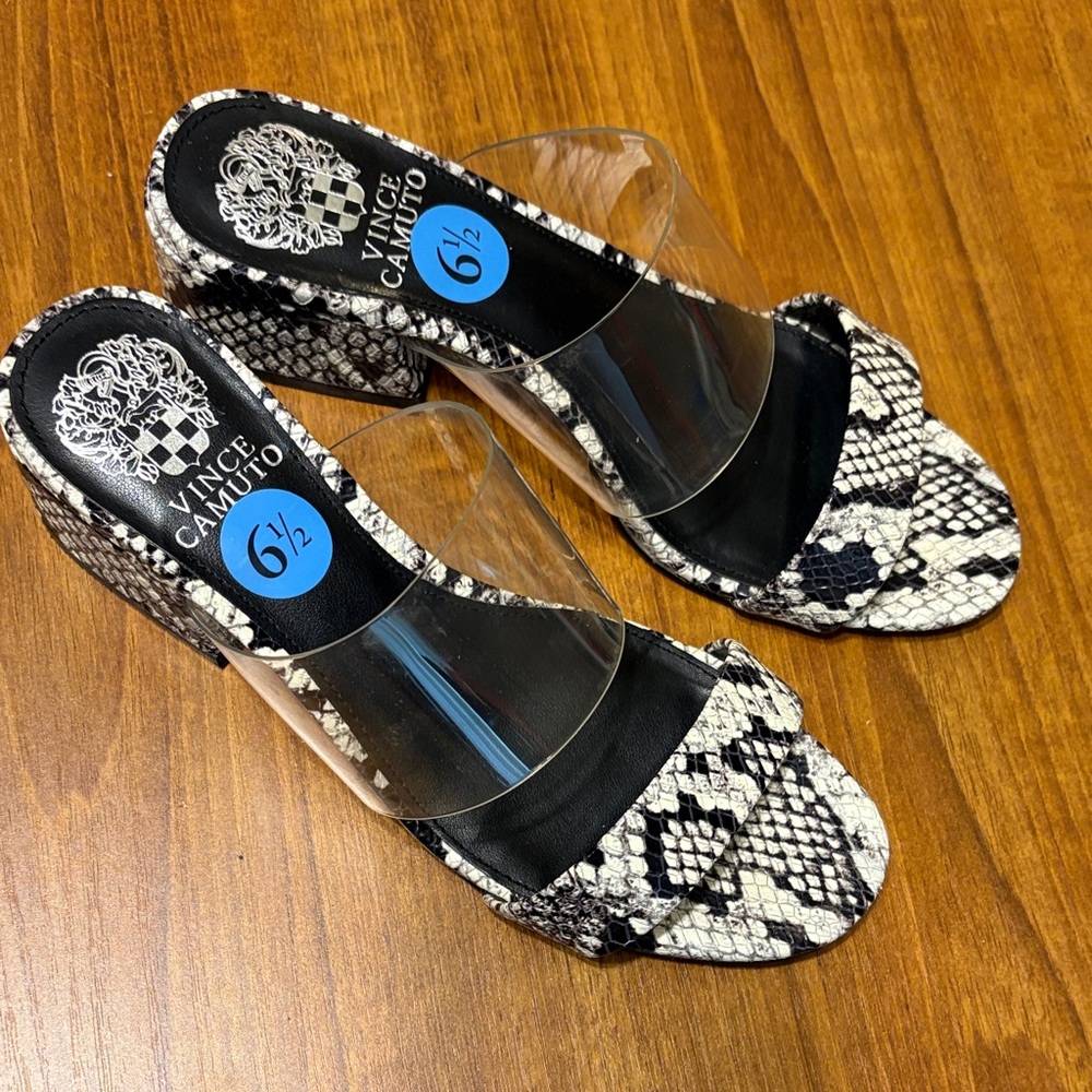 Vince Camuto Snake Print Heels with Clear Strap